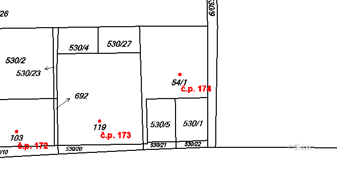 Lhota 174 na parcele st. 54/1 v KÚ Lhota u Kamenných Žehrovic, Katastrální mapa
