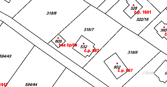 Struhařov 667, Kamenice na parcele st. 532 v KÚ Štiřín, Katastrální mapa