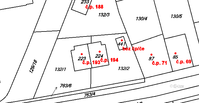 Kojetice 194 na parcele st. 224 v KÚ Kojetice u Prahy, Katastrální mapa