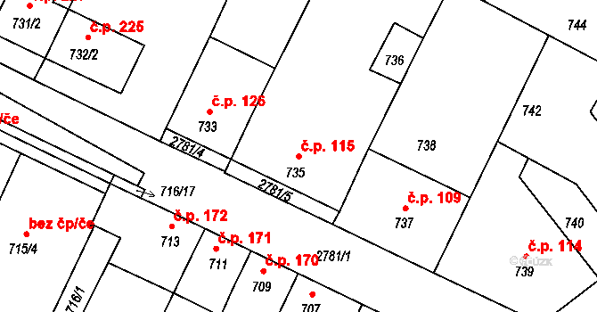 Dačice V 115, Dačice na parcele st. 735 v KÚ Dačice, Katastrální mapa