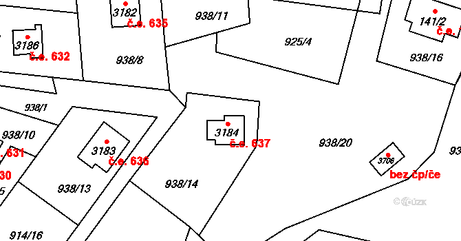 Ostravice 637 na parcele st. 3184 v KÚ Staré Hamry 2, Katastrální mapa