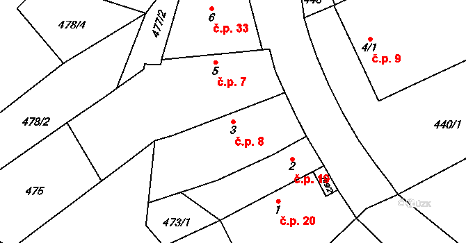 Krakořice 8, Šternberk na parcele st. 3 v KÚ Krakořice, Katastrální mapa