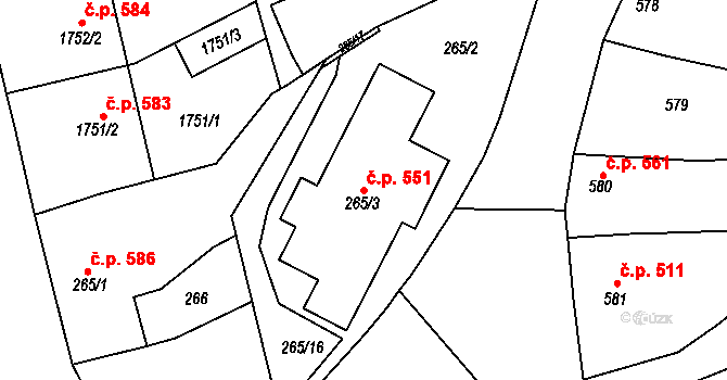 Bolelouc 551, Dub nad Moravou na parcele st. 265/3 v KÚ Dub nad Moravou, Katastrální mapa