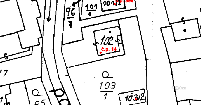 Újezd 14 na parcele st. 102 v KÚ Újezd u Uničova, Katastrální mapa