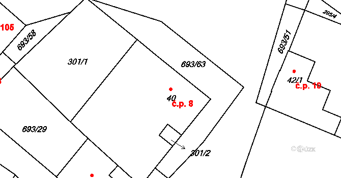 Sudoměřice u Bechyně 8 na parcele st. 40 v KÚ Sudoměřice u Bechyně, Katastrální mapa