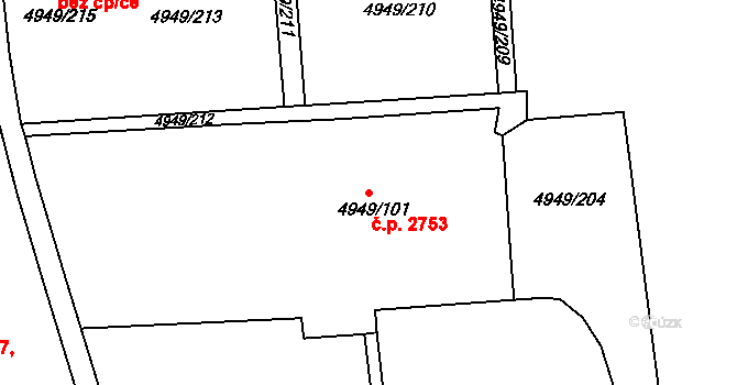 Severní Terasa 2753, Ústí nad Labem na parcele st. 4949/101 v KÚ Ústí nad Labem, Katastrální mapa