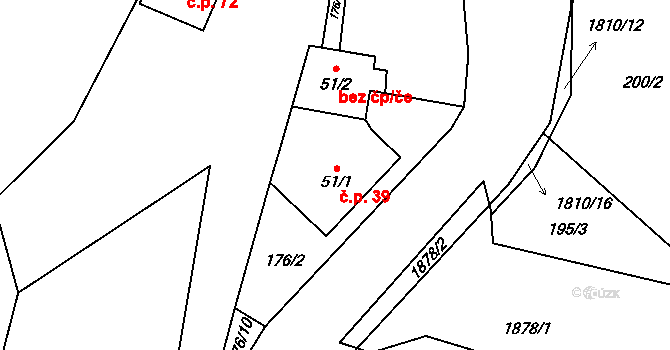 Pocoucov 39, Třebíč na parcele st. 51/1 v KÚ Pocoucov, Katastrální mapa