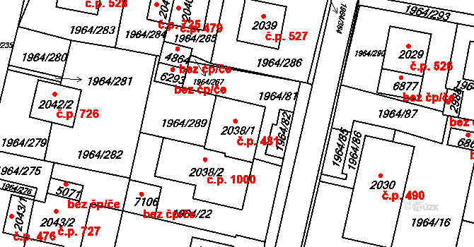 Borovina 481, Třebíč na parcele st. 2038/1 v KÚ Třebíč, Katastrální mapa