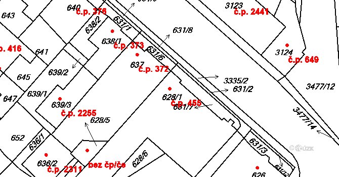 Pelhřimov 455 na parcele st. 628/1 v KÚ Pelhřimov, Katastrální mapa