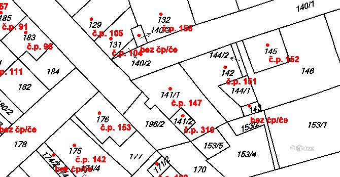 Bystřice 147, Dubí na parcele st. 141/1 v KÚ Dubí-Bystřice, Katastrální mapa