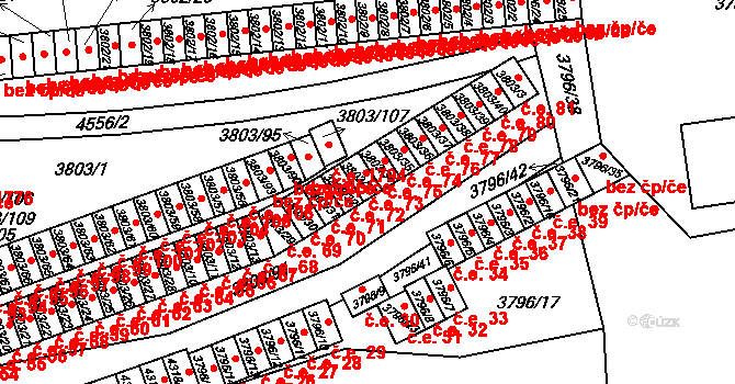 Teplice 73 na parcele st. 3803/33 v KÚ Teplice, Katastrální mapa