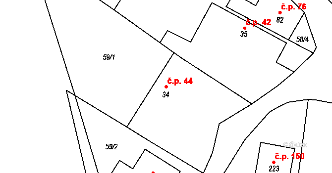 Mezouň 44 na parcele st. 34 v KÚ Mezouň, Katastrální mapa