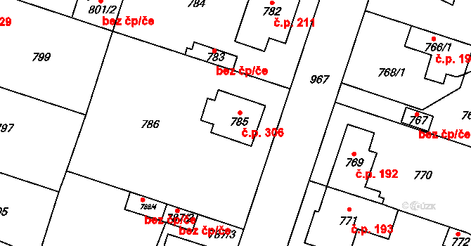 Satalice 306, Praha na parcele st. 785 v KÚ Satalice, Katastrální mapa