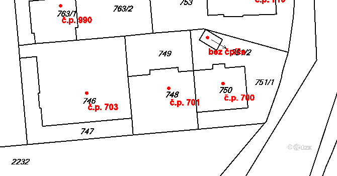 Střešovice 701, Praha na parcele st. 748 v KÚ Střešovice, Katastrální mapa