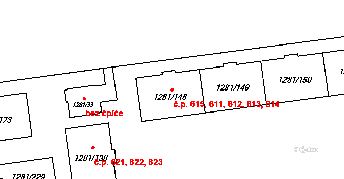 Vokovice 611,612,613,614,615, Praha na parcele st. 1281/148 v KÚ Vokovice, Katastrální mapa