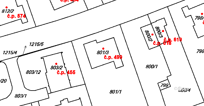 Nebušice 499, Praha na parcele st. 801/3 v KÚ Nebušice, Katastrální mapa