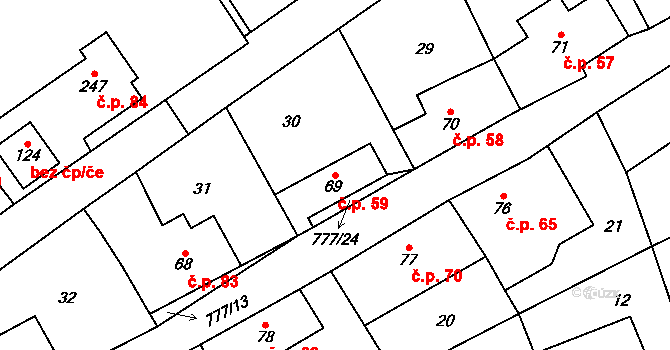 Podluhy 59 na parcele st. 69 v KÚ Podluhy, Katastrální mapa