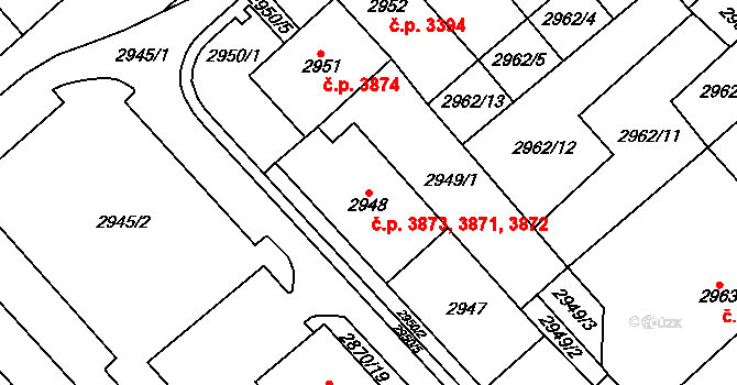 Chomutov 3871,3872,3873 na parcele st. 2948 v KÚ Chomutov I, Katastrální mapa