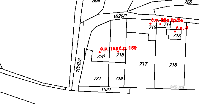 Řícmanice 158 na parcele st. 720 v KÚ Řícmanice, Katastrální mapa