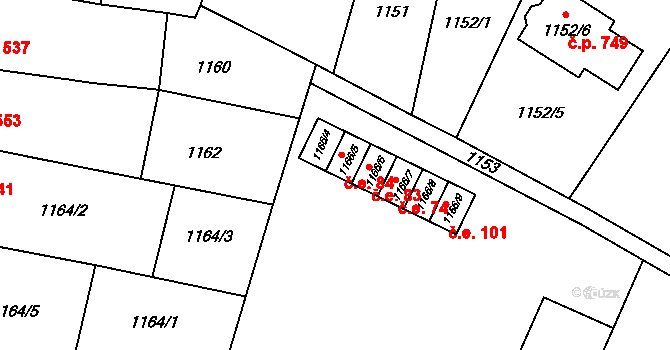 Pozořice 84 na parcele st. 1166/5 v KÚ Pozořice, Katastrální mapa