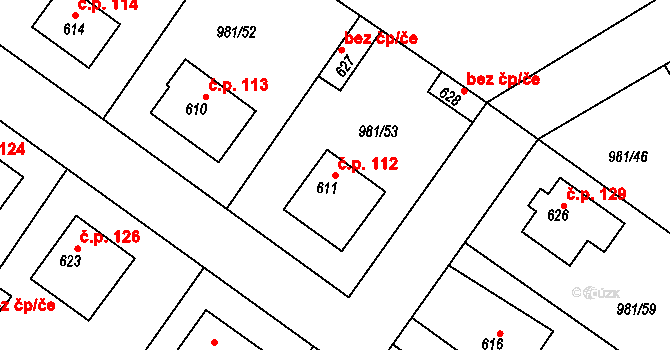 Bělušice 112 na parcele st. 611 v KÚ Bělušice, Katastrální mapa