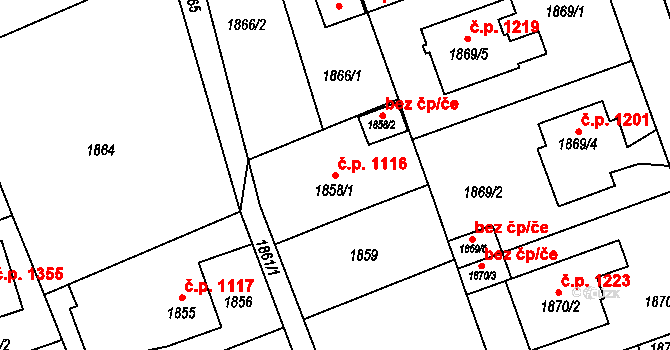 Prostřední Suchá 1116, Havířov na parcele st. 1858/1 v KÚ Prostřední Suchá, Katastrální mapa