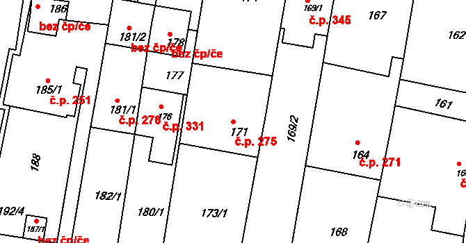 Deblín 275 na parcele st. 171 v KÚ Deblín, Katastrální mapa