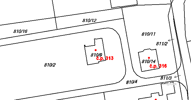 Velké Březno 313 na parcele st. 810/9 v KÚ Velké Březno, Katastrální mapa