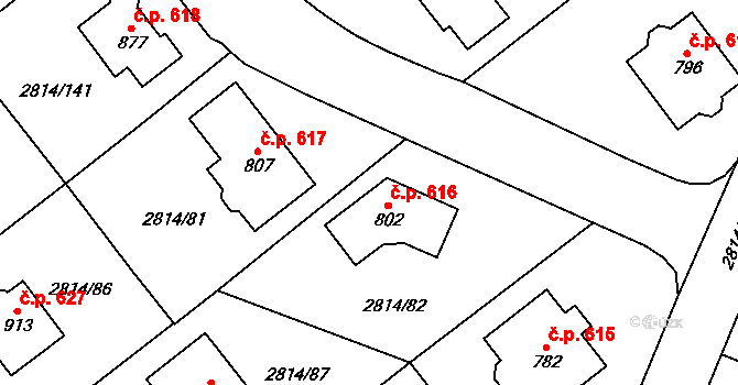 Lysice 616 na parcele st. 802 v KÚ Lysice, Katastrální mapa
