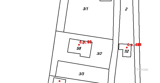 Kovářovice 83, Pyšely na parcele st. 58 v KÚ Kovářovice, Katastrální mapa