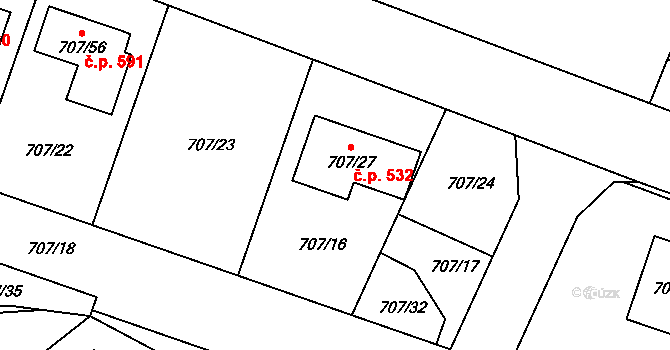 Zruč 532, Zruč-Senec na parcele st. 707/27 v KÚ Zruč, Katastrální mapa