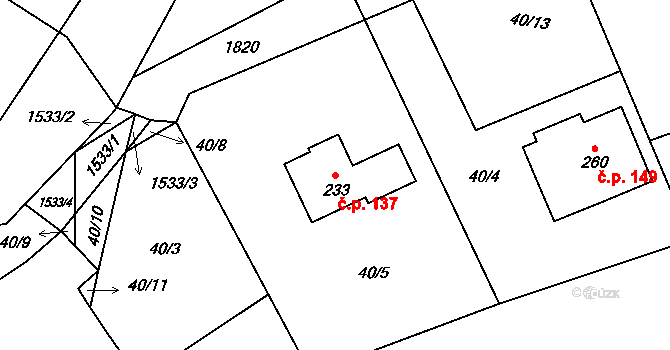 Zvěrotice 137 na parcele st. 233 v KÚ Zvěrotice, Katastrální mapa