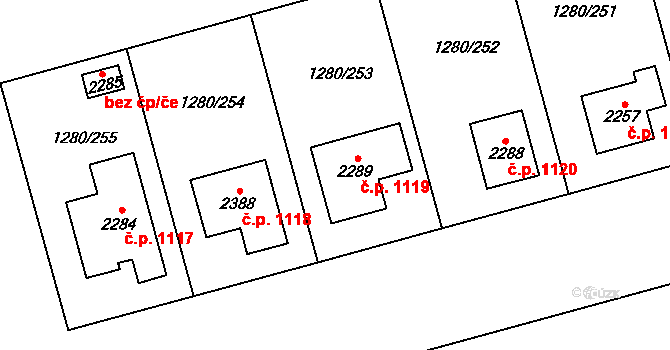Dobřany 1119 na parcele st. 2289 v KÚ Dobřany, Katastrální mapa