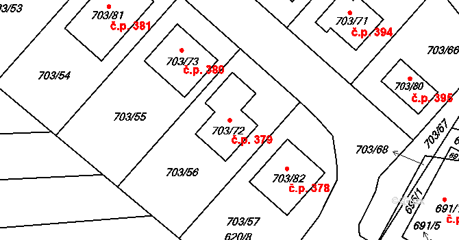 Huštěnovice 379 na parcele st. 703/72 v KÚ Huštěnovice, Katastrální mapa
