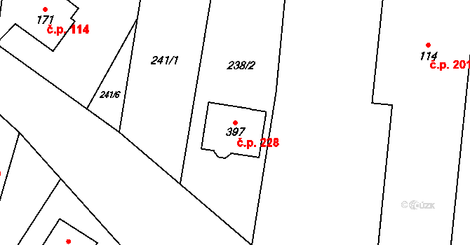 Černá za Bory 228, Pardubice na parcele st. 397 v KÚ Černá za Bory, Katastrální mapa