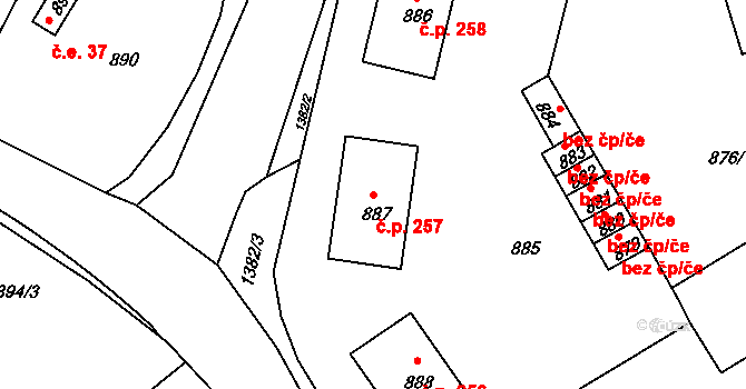 Divišov 257 na parcele st. 887 v KÚ Divišov u Benešova, Katastrální mapa