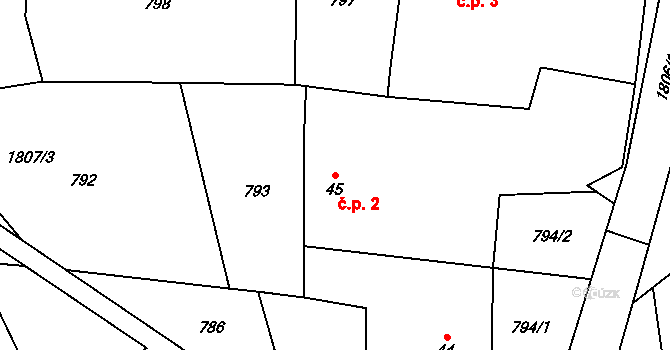 Rýzmburk 2, Hulice na parcele st. 45 v KÚ Hulice, Katastrální mapa