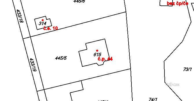 Svinaře 44 na parcele st. 615 v KÚ Svinaře, Katastrální mapa