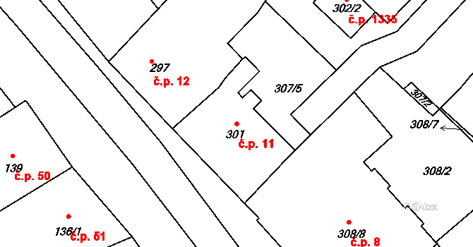 Bystřice nad Pernštejnem 11 na parcele st. 301 v KÚ Bystřice nad Pernštejnem, Katastrální mapa