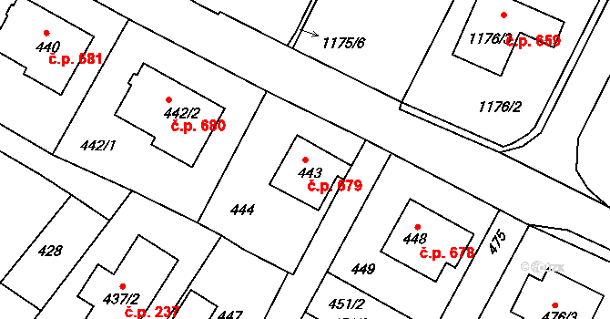 Bystřice nad Pernštejnem 679 na parcele st. 443 v KÚ Bystřice nad Pernštejnem, Katastrální mapa