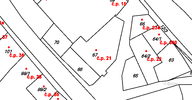 Měřín 21 na parcele st. 67 v KÚ Měřín, Katastrální mapa
