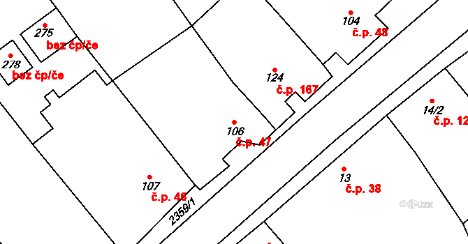 Kozlany 47 na parcele st. 106 v KÚ Kozlany u Vyškova, Katastrální mapa