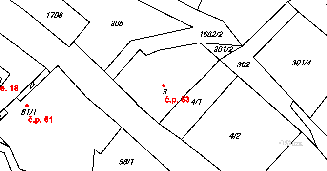 Hořejší Kunčice 53, Jakartovice na parcele st. 3 v KÚ Hořejší Kunčice, Katastrální mapa