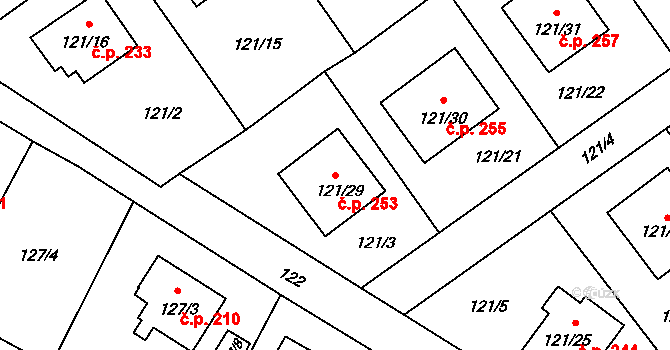 Chuchelná 253 na parcele st. 121/29 v KÚ Chuchelná, Katastrální mapa