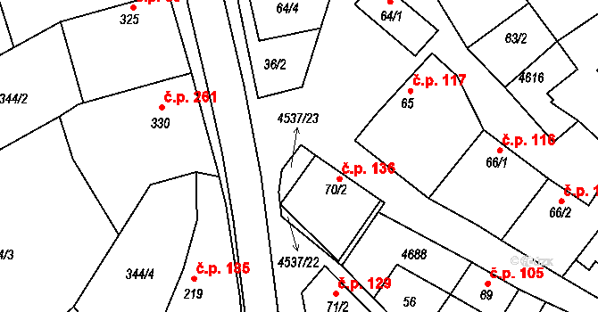 Mistřice 136 na parcele st. 70/2 v KÚ Mistřice I, Katastrální mapa