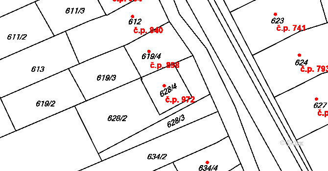 Nivnice 972 na parcele st. 628/4 v KÚ Nivnice, Katastrální mapa