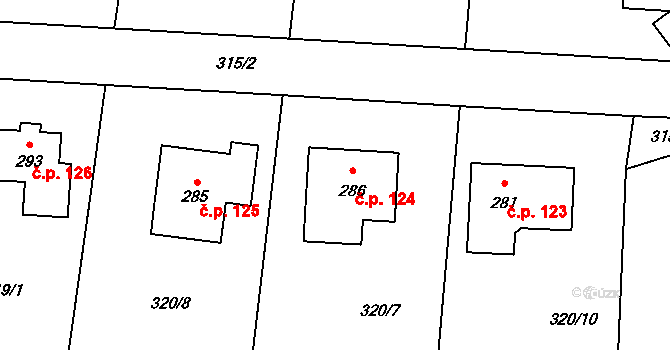 Paršovice 124 na parcele st. 286 v KÚ Paršovice, Katastrální mapa