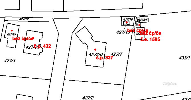 Radobyčice 337, Plzeň na parcele st. 427/20 v KÚ Radobyčice, Katastrální mapa