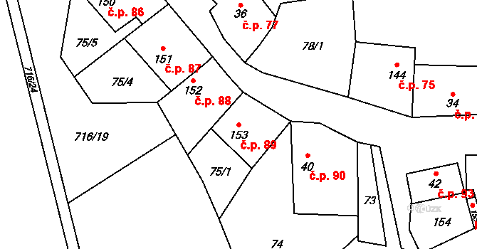 Mouchnice 89 na parcele st. 153 v KÚ Mouchnice, Katastrální mapa