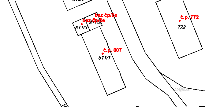 Milevsko 807 na parcele st. 811/1 v KÚ Milevsko, Katastrální mapa